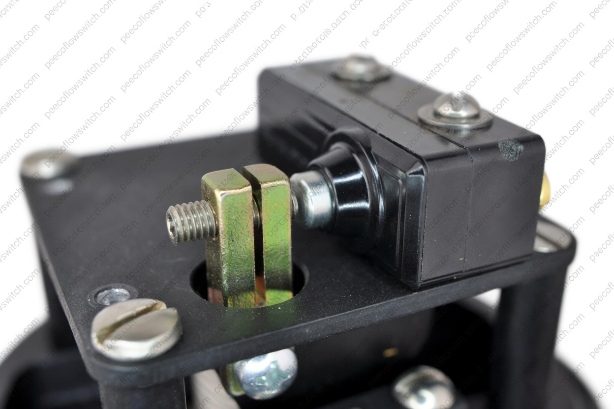 PEECO standard SPDT micro-switch showing actuator button, brass terminals and mounting plate