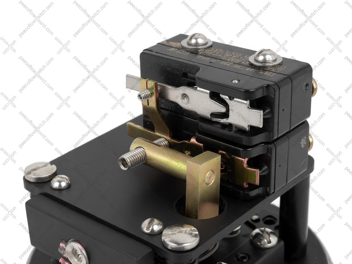 PEECO stacked SPDT micro-switches showing dual switch assembly with brass terminals mounted on flow switch body