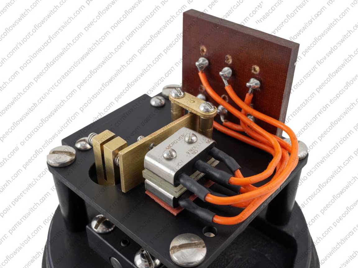 PEECO hermetically sealed micro-switch assembly showing brass terminals, orange wiring, and stacked switch configuration
